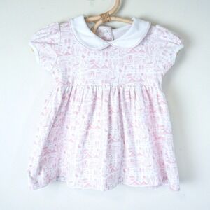 Joy Street Boston Print Toile Dress Kids 9m Pink Pima Cotton Peter Pan Collar